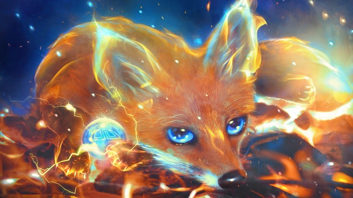 Fiery Fox with Blue Eyes and Magical Orb