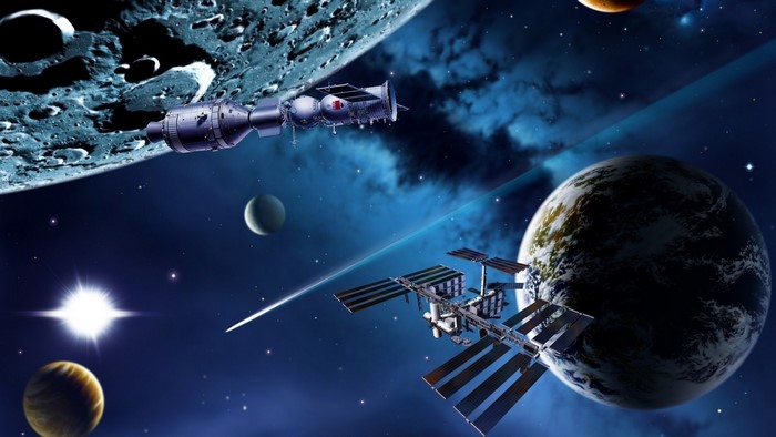 Space station orbiting Earth and Moon
