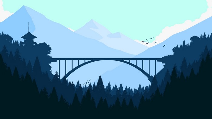 Bridge over a forest with mountains and pagoda