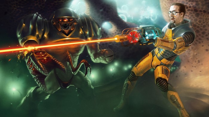 Gordon Freeman from Half-Life fighting a Vortigaunt on Xen