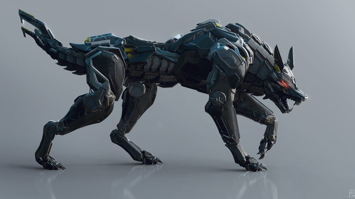 Mechanical wolf with red eyes