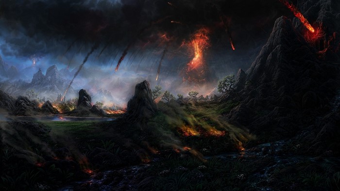 Volcano eruption with meteors falling