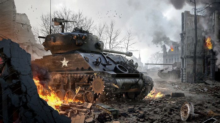M4A3E8 Sherman tanks in a destroyed city