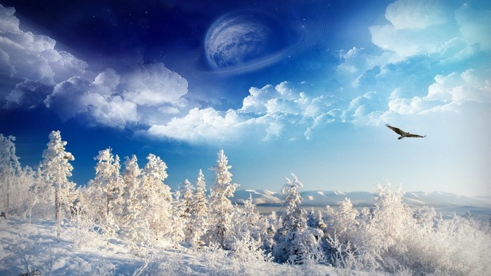 Winter landscape with planet and eagle