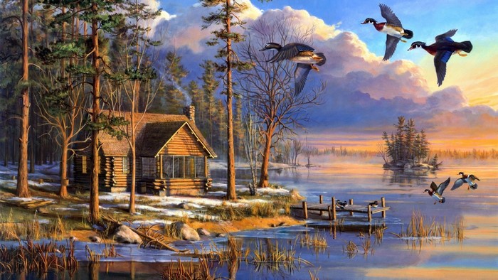 Log cabin by a lake with ducks flying at sunset