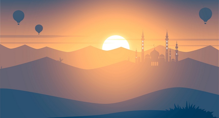 Minimalist Desert Sunset with Mosque and Hot Air Balloons 4K