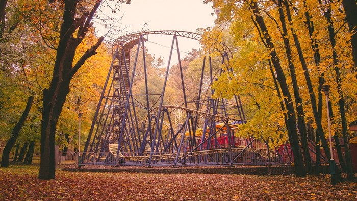 Roller coaster in an autumn park