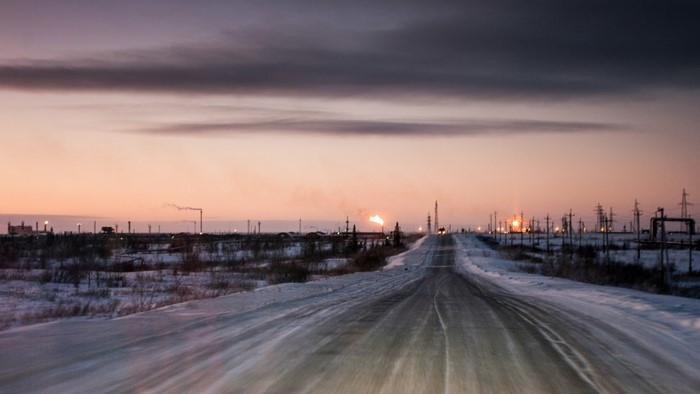 Industrial landscape at dusk in Naryan-Mar