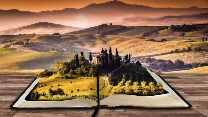 Open book with Tuscan landscape