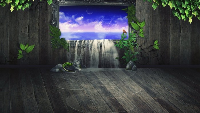 Waterfall through a framed window on a wooden wall
