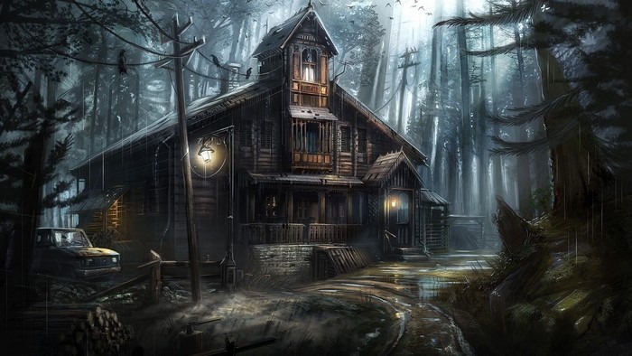 An old wooden house in a dark forest