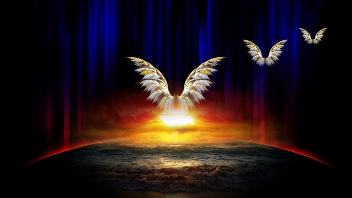 Angel wings over ocean sunset