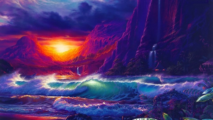 Sunset over a tropical island with waterfalls and ocean waves
