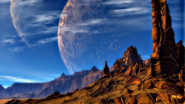 Alien landscape with two large planets in the sky