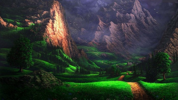 Fantasy mountain valley with a path and a house