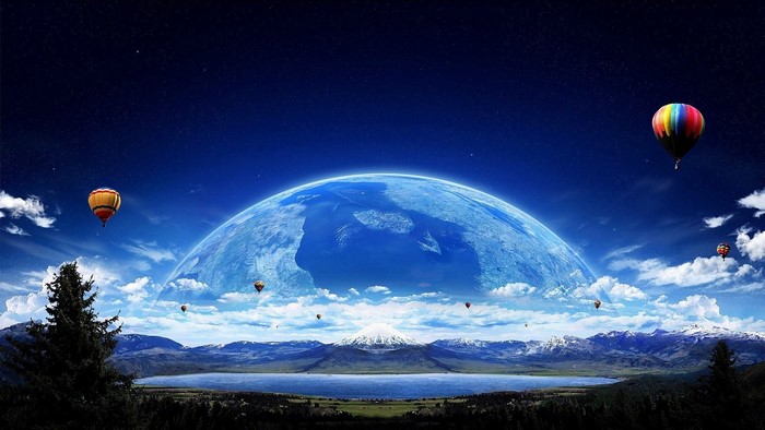 Fantasy landscape with hot air balloons and a large planet