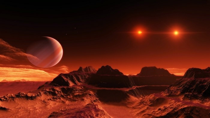 Alien landscape with planet and binary suns