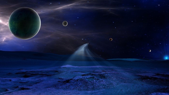 Alien planet landscape with planets and nebulae