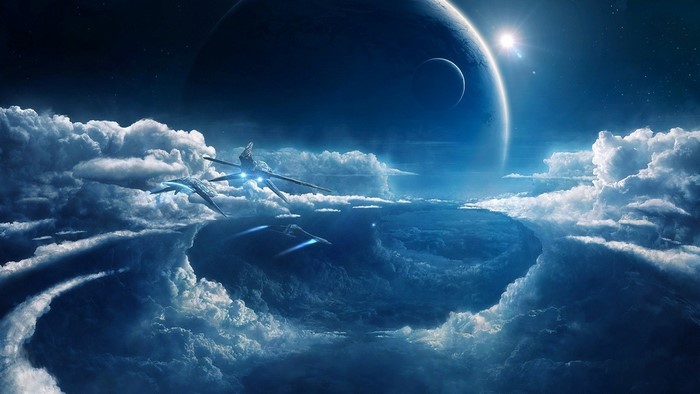 Spaceships flying through clouds near a planet