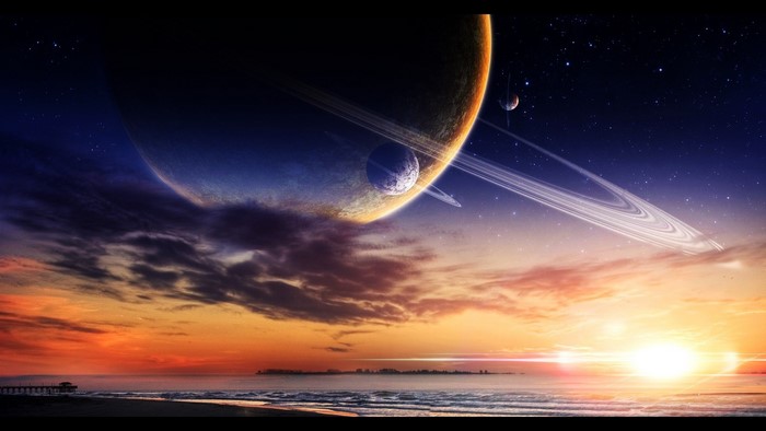 Planets and rings over a sunset beach