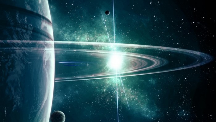 Planet with rings and a bright star in space