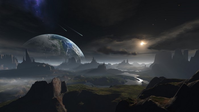 Alien landscape with Earth and meteors