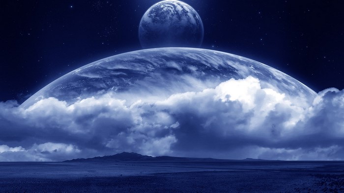 Planet surface with clouds and another planet in the sky