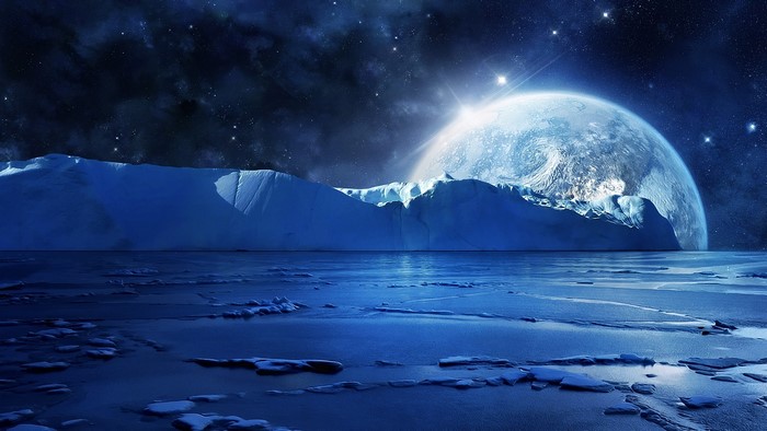 Alien planet with icebergs and a large planet in the sky