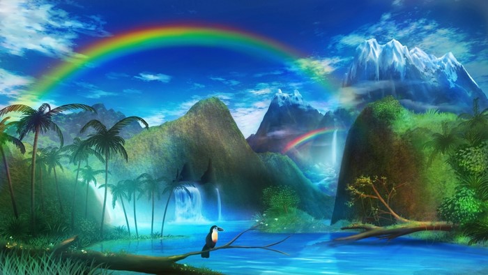 Tropical paradise with rainbow and mountains