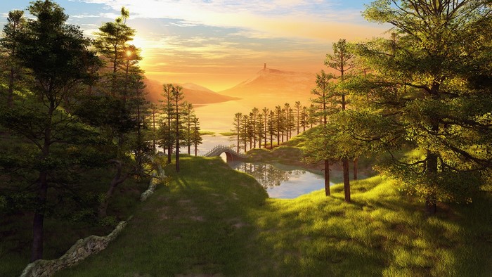 Sunrise over a tranquil lake with rolling hills and trees