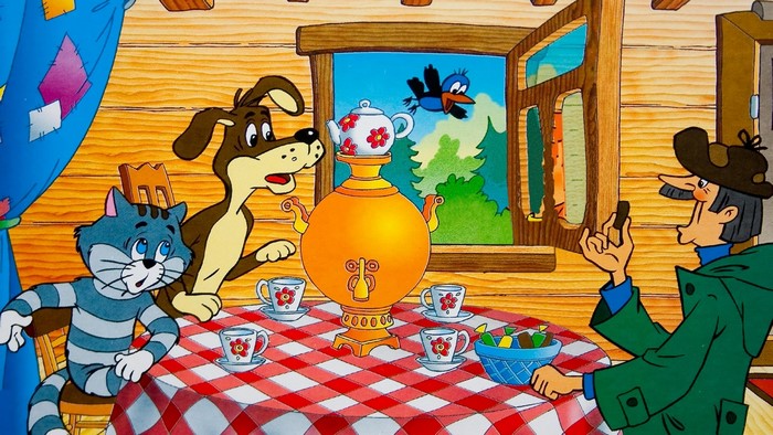 Characters from Prostokvashino with a samovar