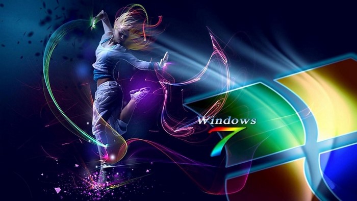 Windows 7 logo with a dancer and light trails