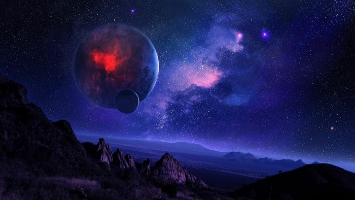Alien planets and mountains under starry sky