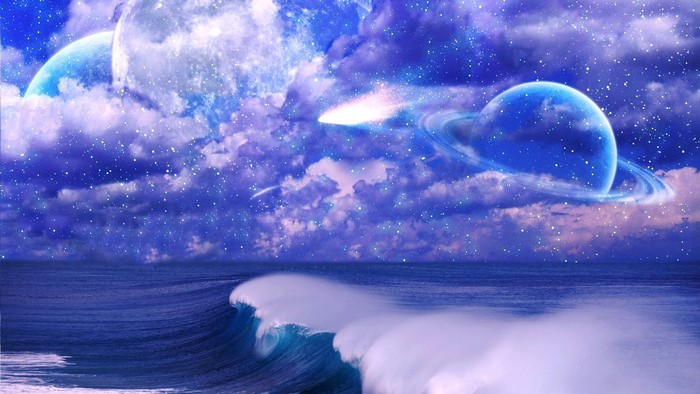 Ocean waves under a starry sky with planets and a comet