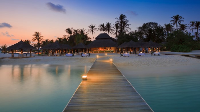 4K Beach Resort with Dining Pavilions at Dusk