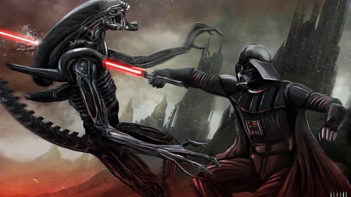 Darth Vader fighting an Alien