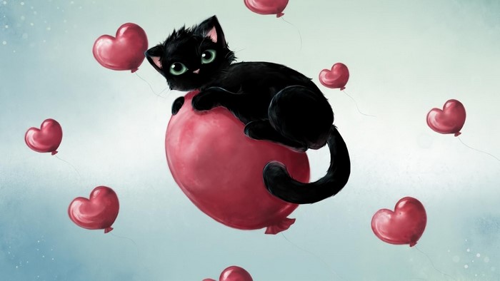 Black kitten on a red balloon surrounded by heart balloons
