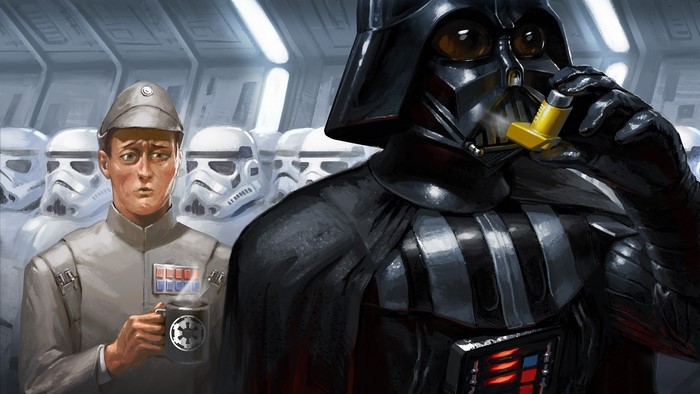 Darth Vader from Star Wars using an inhaler
