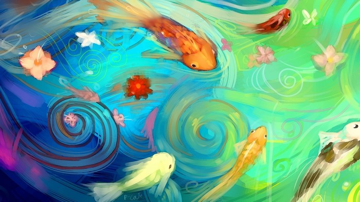 Digital painting of koi fish and flowers