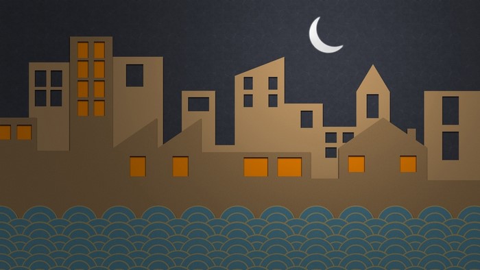Paper city skyline at night with crescent moon