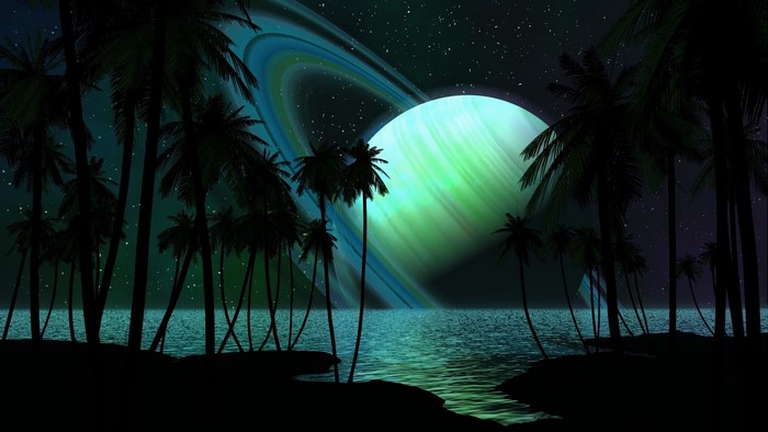 Fantasy Planet with Rings over Tropical Beach at Night