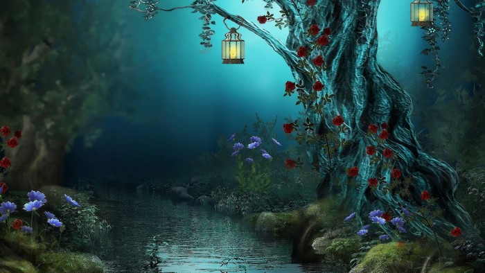 Fantasy forest with lanterns and roses