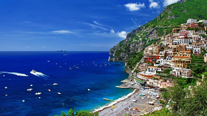 Positano, Italy Coastline with Colorful Buildings and Boats