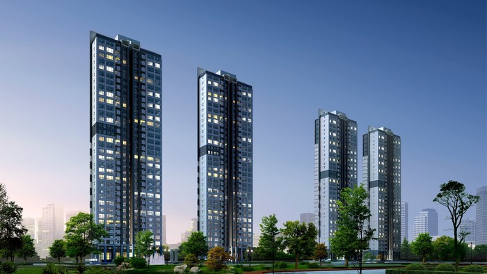 Architectural rendering of modern high-rise apartment buildings