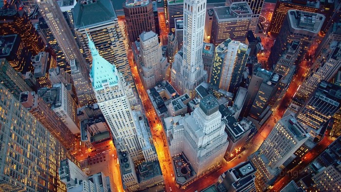 Aerial View of New York City Skyscrapers at Night