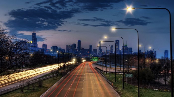 City of St. Louis Skyline at Dusk with Light Trails