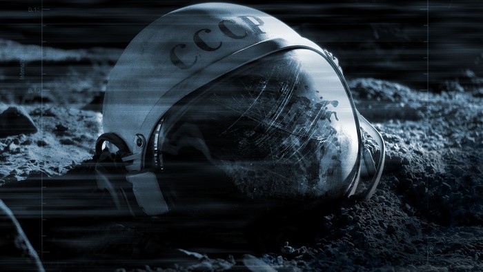 Astronaut helmet with CCCP inscription on the moon