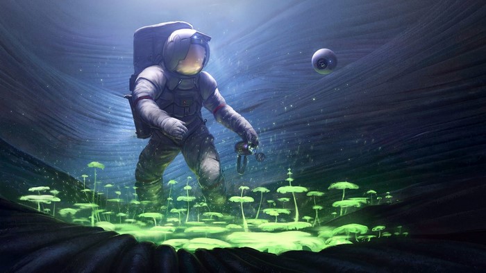 Astronaut exploring alien planet with glowing mushrooms