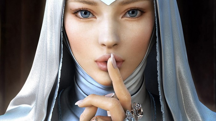 Woman in a white veil with finger to lips