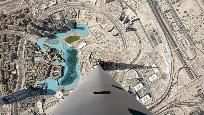 Aerial view from Burj Khalifa overlooking Dubai Fountain